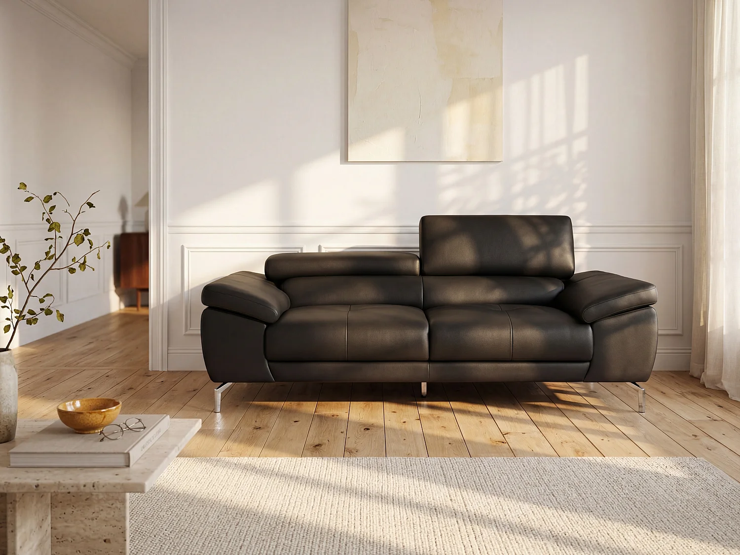 Ledersofa 3-Sitzer - Schwarz - GRETEL