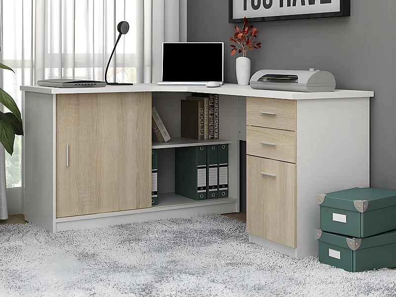 Bureau d'angle NORWY - 2 portes & 2 tiroirs - Blanc et chêne