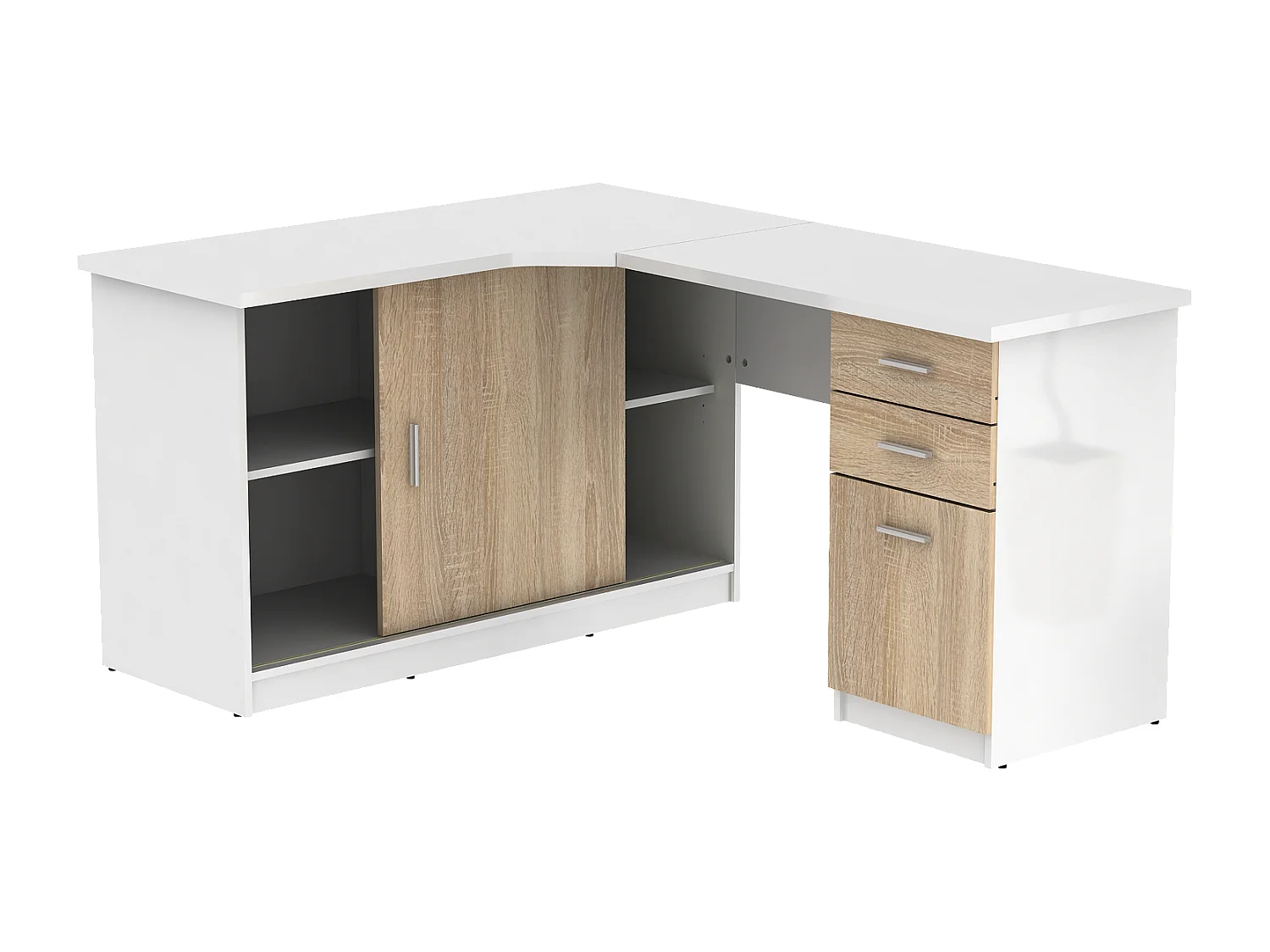 Bureau d'angle NORWY - 2 portes & 2 tiroirs - Blanc et chêne