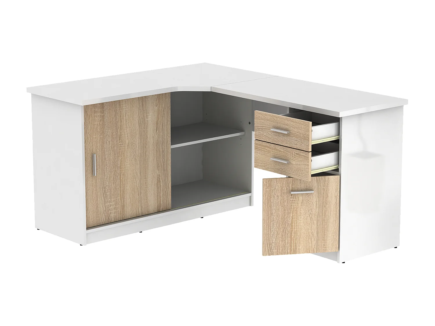 Bureau d'angle NORWY - 2 portes & 2 tiroirs - Blanc et chêne