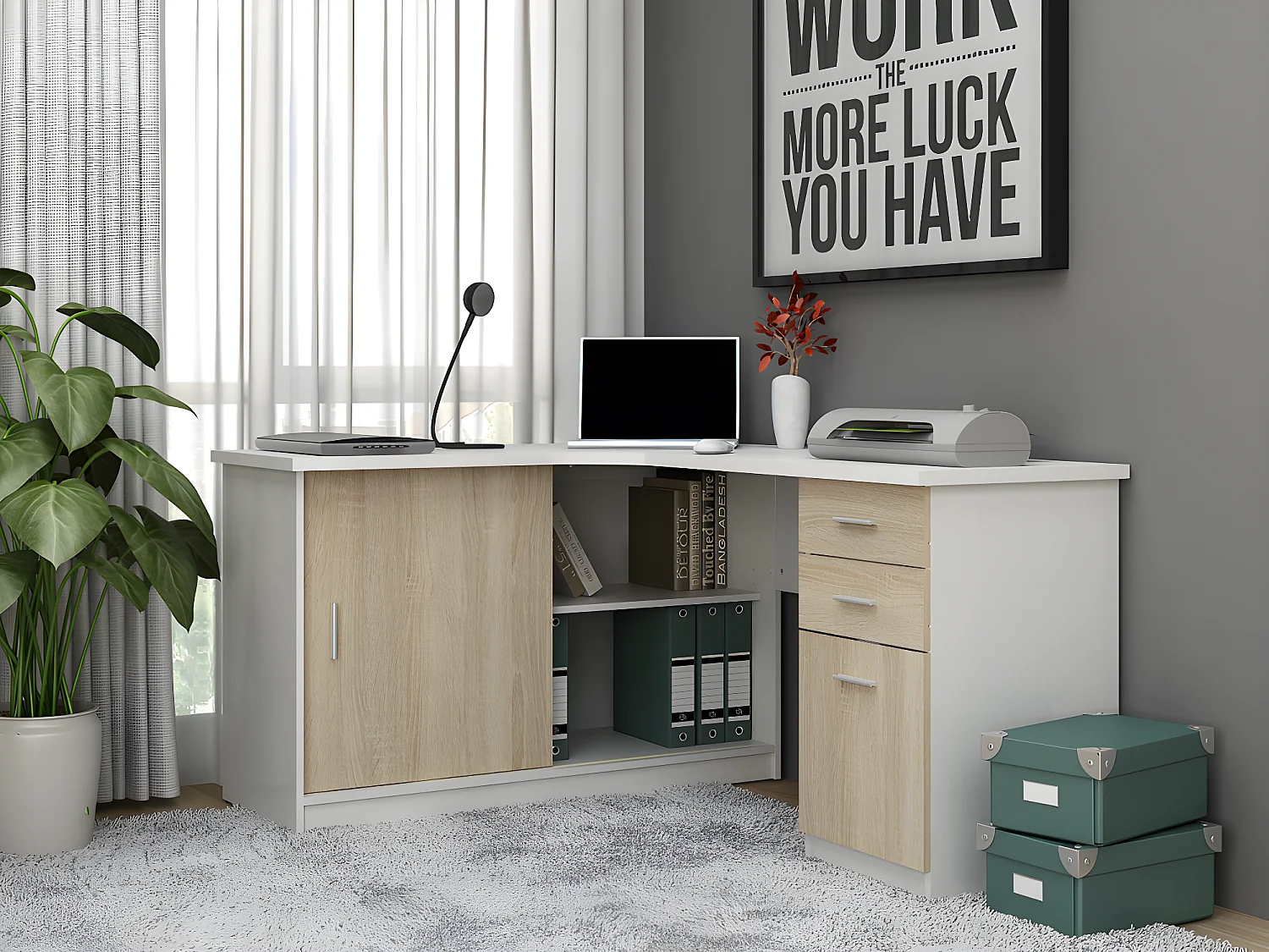 Bureau d'angle NORWY - 2 portes & 2 tiroirs - Blanc et chêne