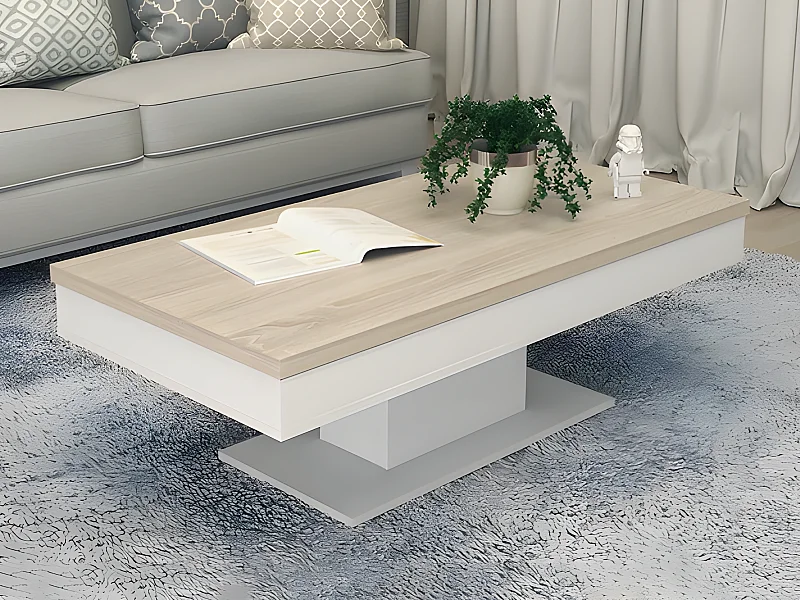 Table basse ASTULIA - avec rangements - Blanc - Plateau effet chêne