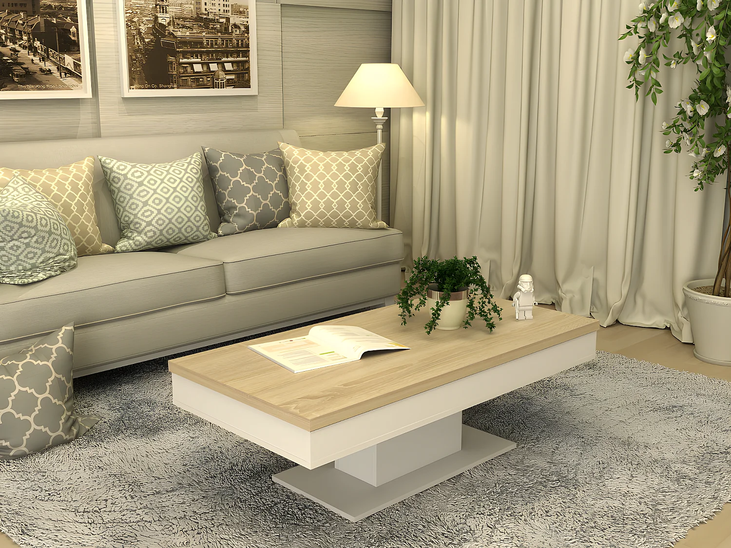 Table basse ASTULIA - avec rangements - Blanc - Plateau effet chêne