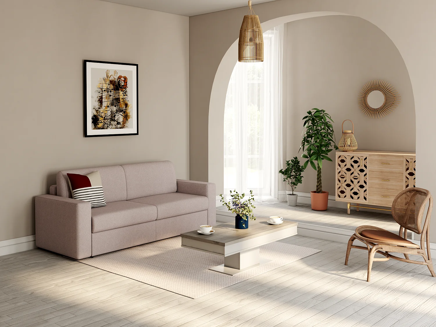 Mesa de centro ASTULIA - con compartimentos - Blanco - Tablero efecto roble