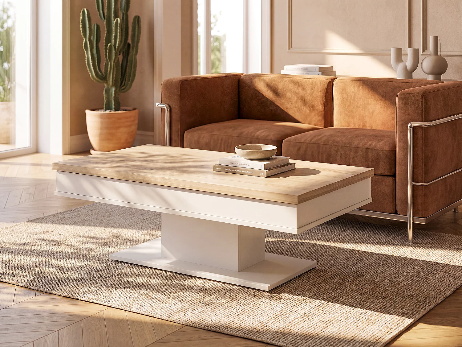 Table basse ASTULIA - avec rangements - Blanc - Plateau effet chêne