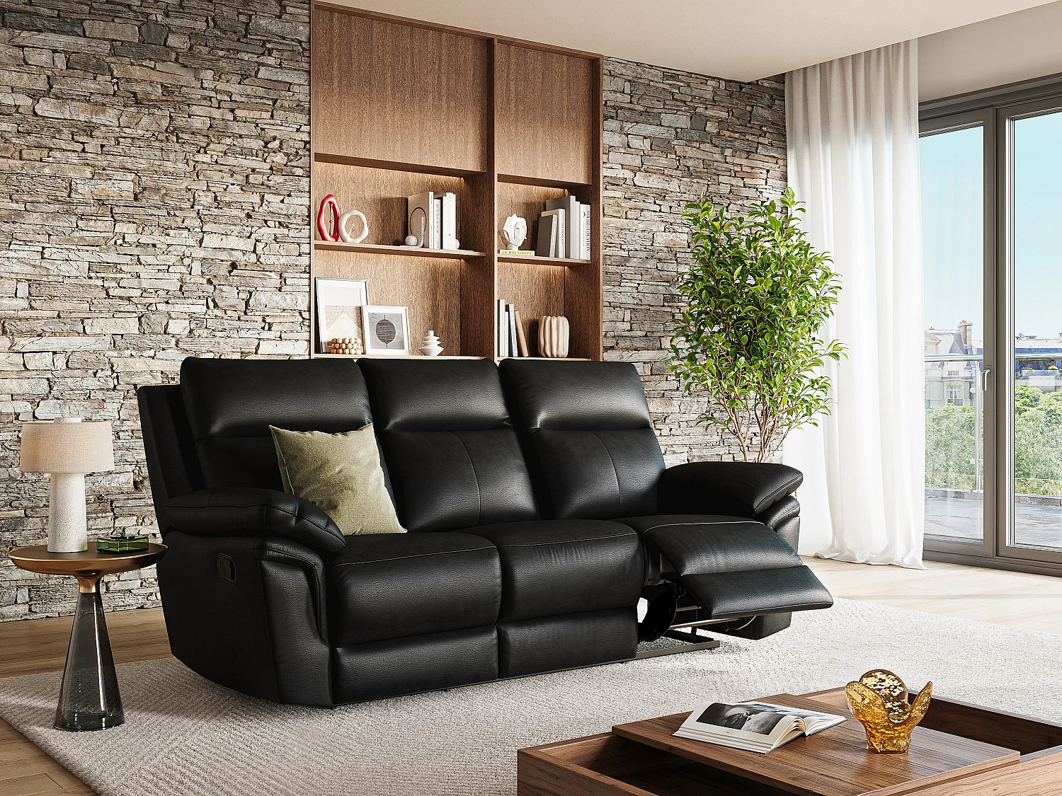 Relaxsofa 3-Sitzer - Büffelleder - Schwarz - PAKITA
