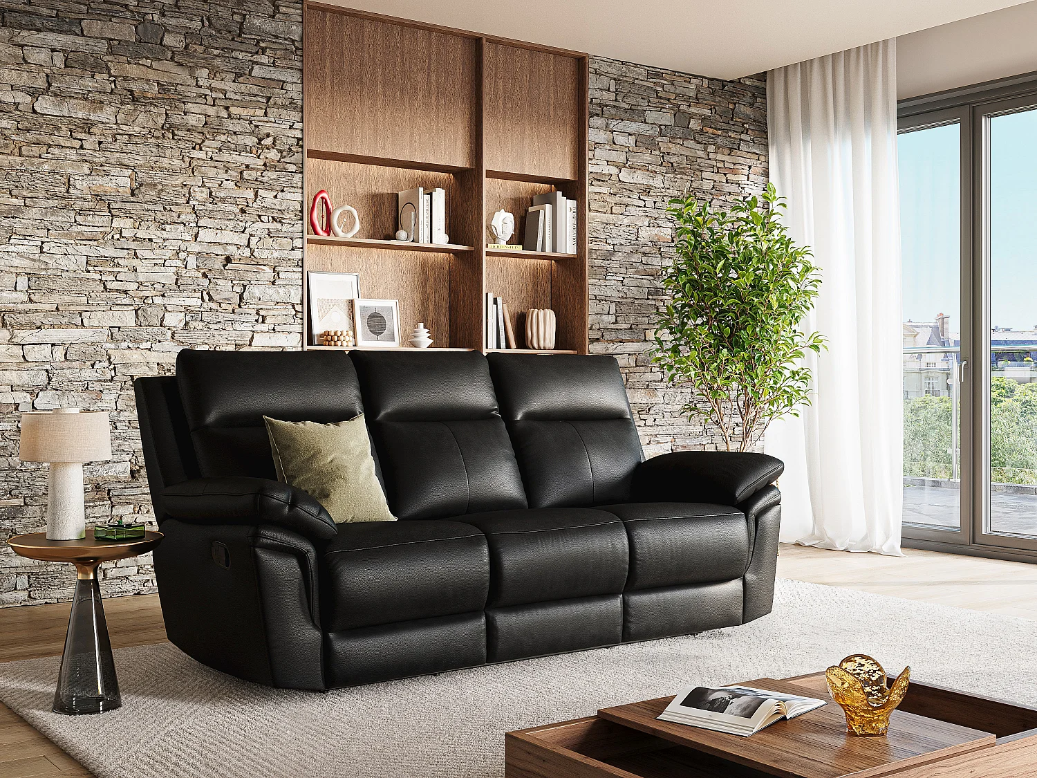 Relaxsofa 3-Sitzer - Büffelleder - Schwarz - PAKITA