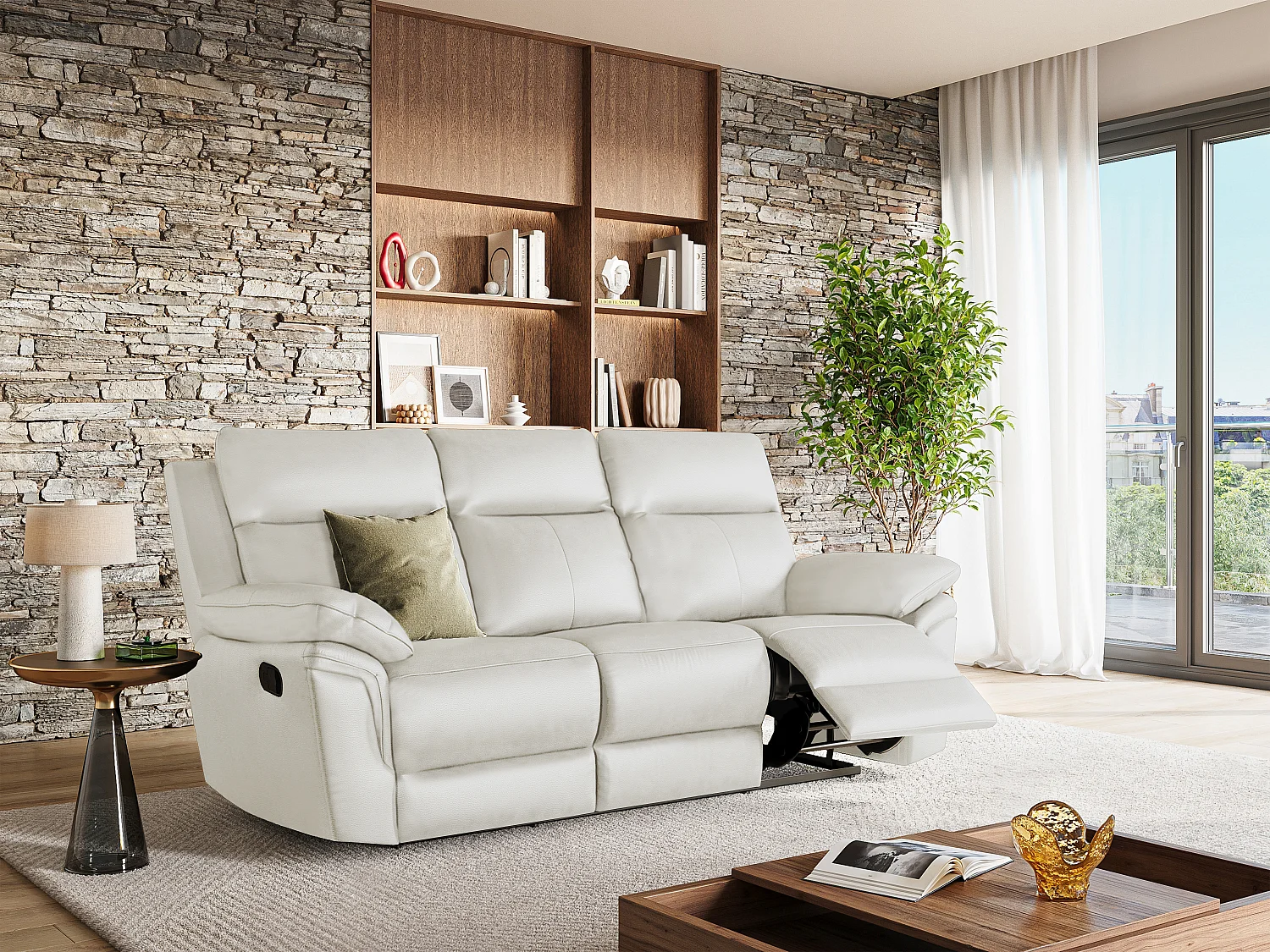 Canapé 3 places relax en cuir de buffle PAKITA - Ivoire