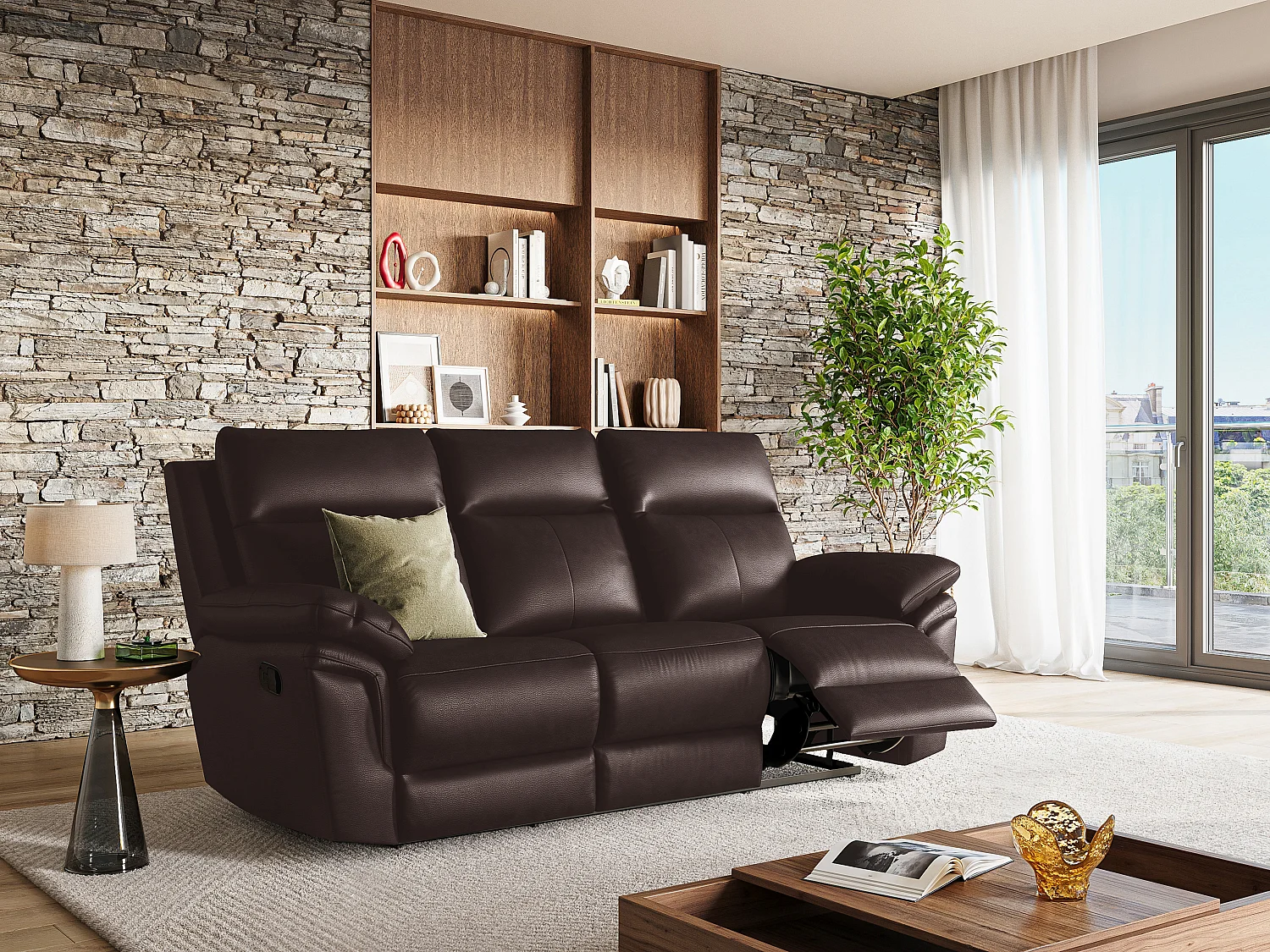 3-sits reclinersoffa i brun buffelläder PAKITA