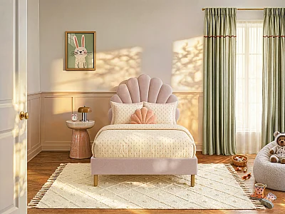 Lit coquillage 90 x 190 cm - Velours - Rose - MOANA