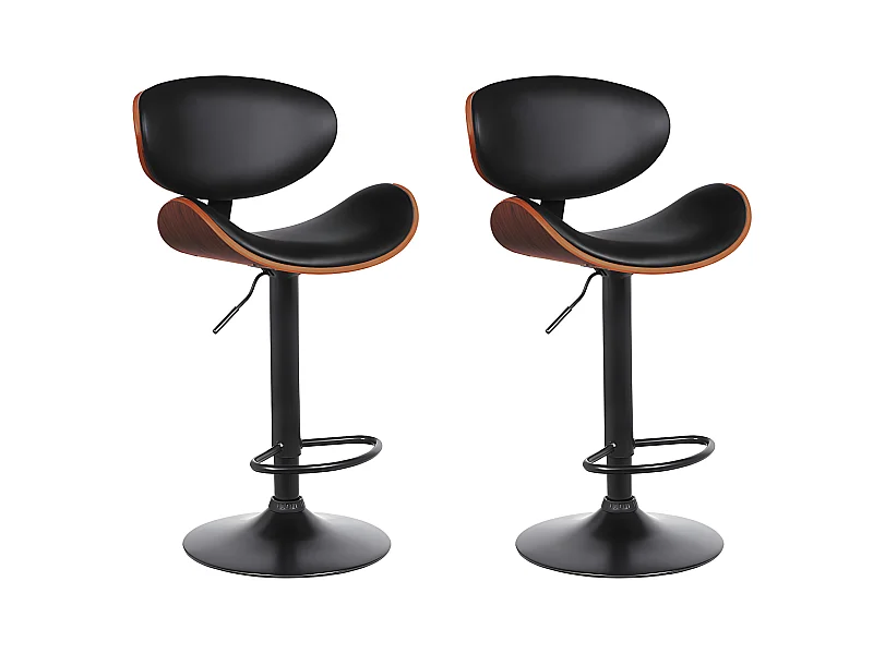 Zestaw 2 stołków barowych MONTENEGRO – regulacja wysokości – skóra syntetyczna – kolor orzechowy i czarny – podstawa w kolorze czarnym