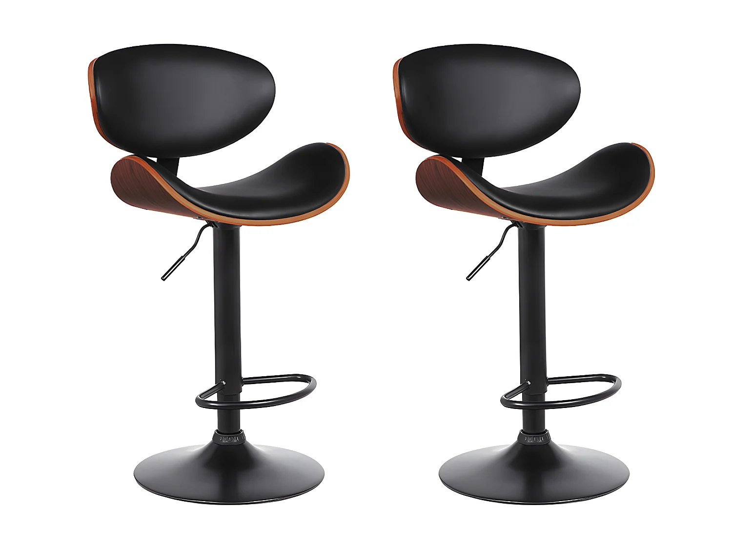 Lot de 2 tabourets de bar en simili, placage noyer et métal - Hauteur réglable - Naturel foncé et noir - MONTENEGRO