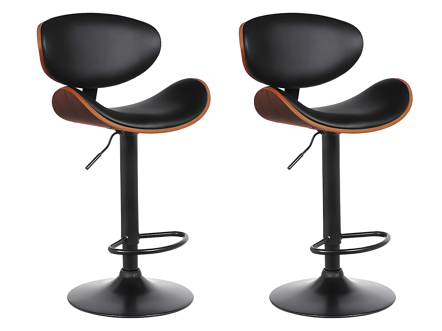 Lot de 2 tabourets de bar en simili, placage noyer et métal - Hauteur réglable - Naturel foncé et noir - MONTENEGRO