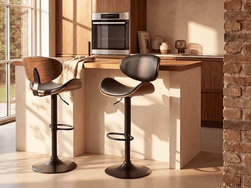 Lot de 2 tabourets de bar en simili, placage noyer et métal - Hauteur réglable - Naturel foncé et noir - MONTENEGRO