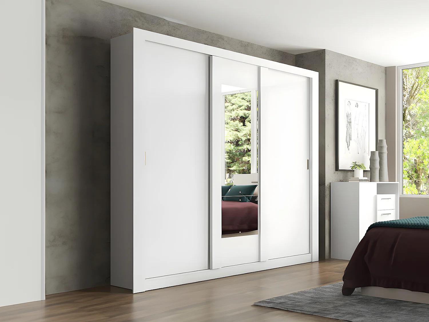 Armoire avec miroir ROXANE - 3 portes coulissantes - L. 220 cm - Blanc