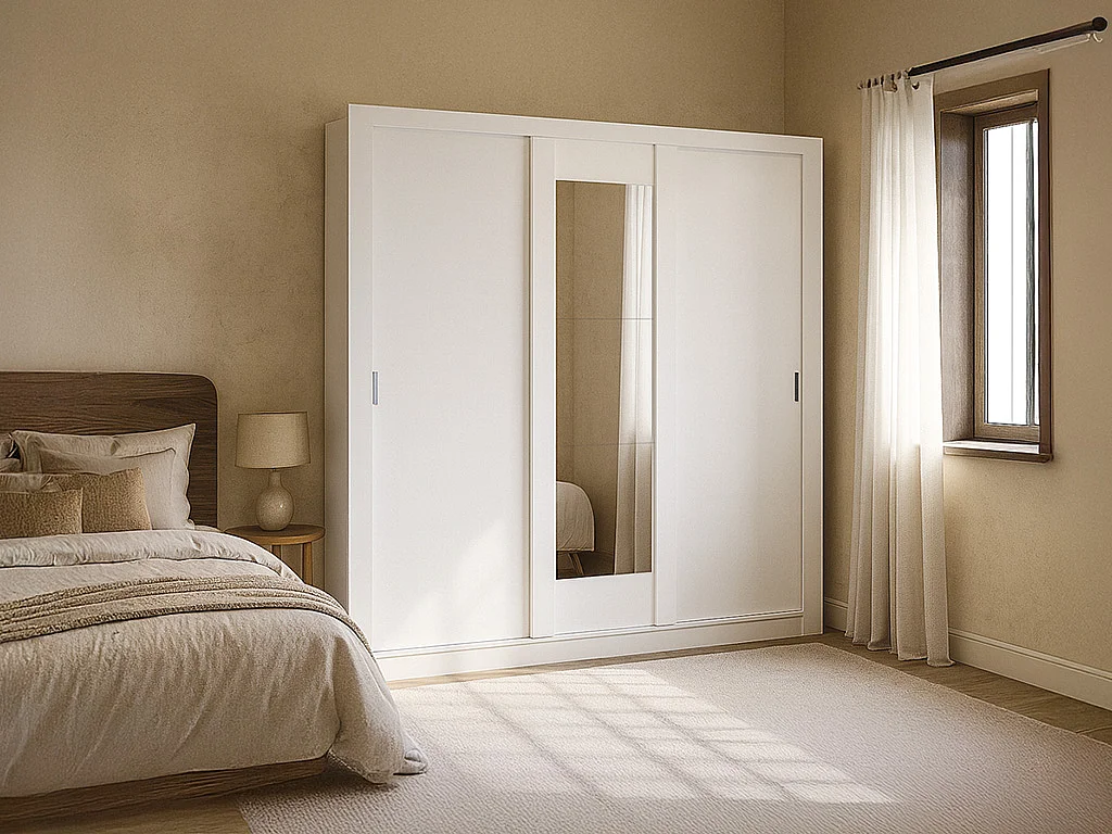 Armadio con specchio  3 ante scorrevoli  L220 cm Bianco - ROXANE