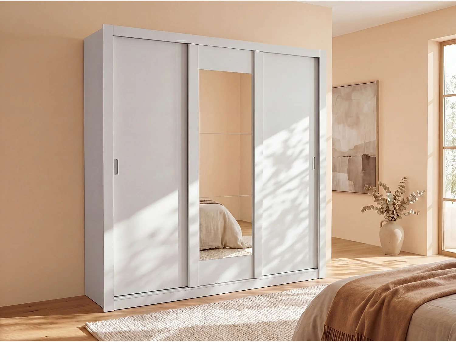 Armoire avec miroir ROXANE - 3 portes coulissantes - L. 220 cm - Blanc