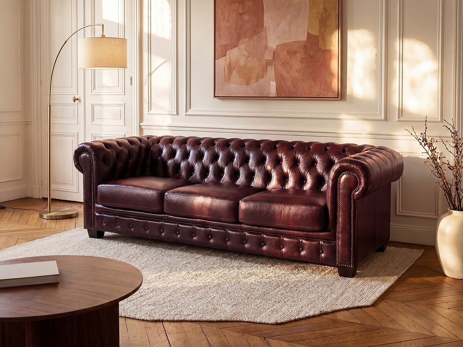 Canapé chesterfield 4 places BRENTON 100% cuir de buffle bordeaux