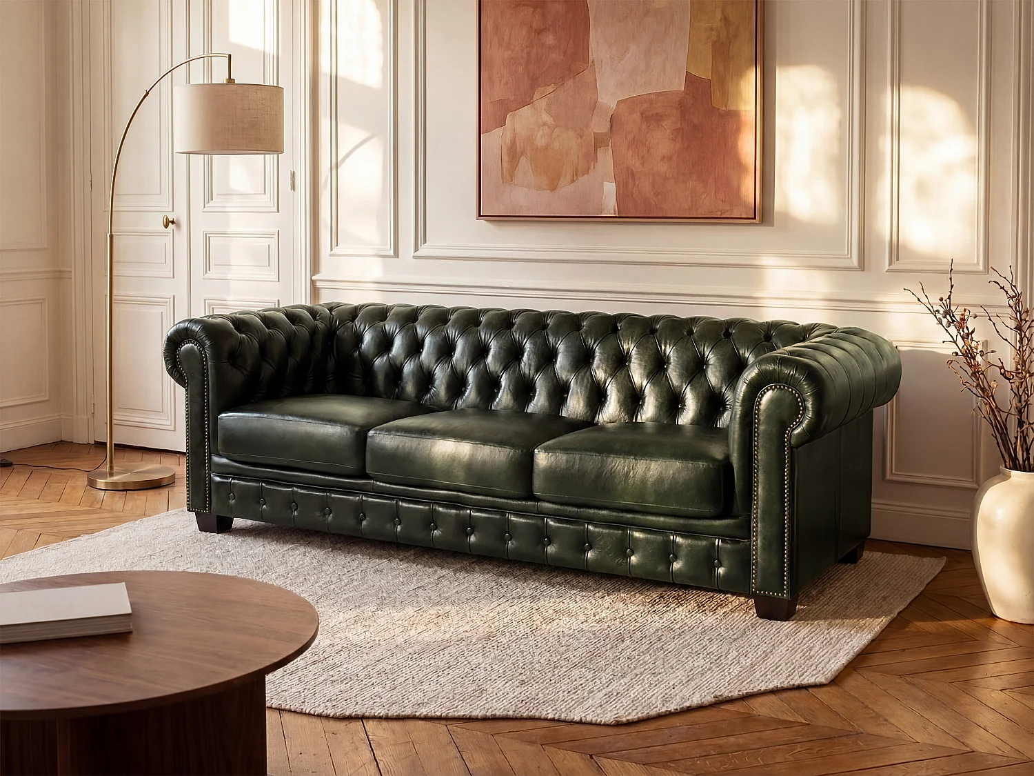 Canapé chesterfield 4 places BRENTON 100% cuir de buffle - Vert empire