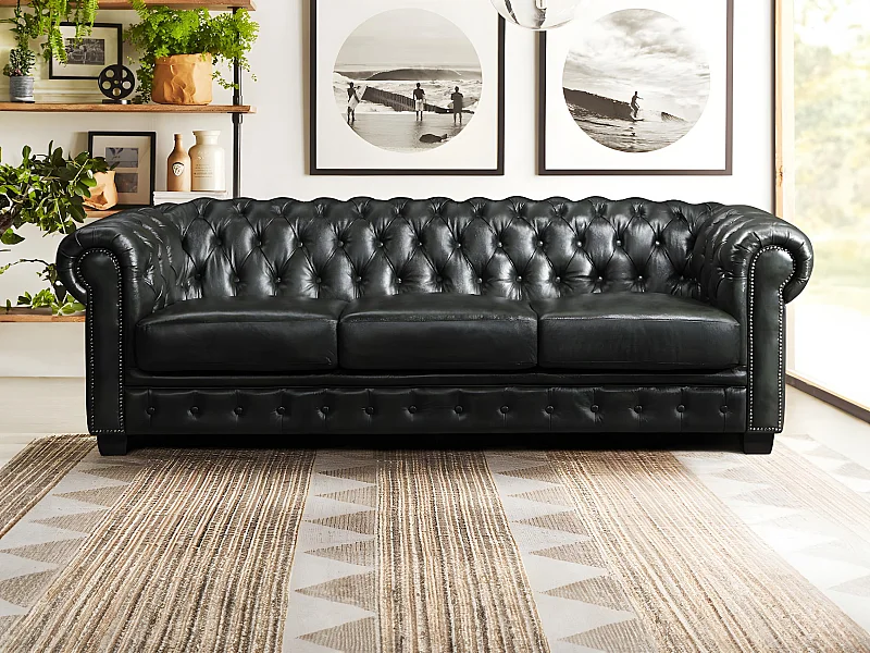 Chesterfield Ledersofa 4-Sitzer - Büffelleder - Schwarzgrün - BRENTON