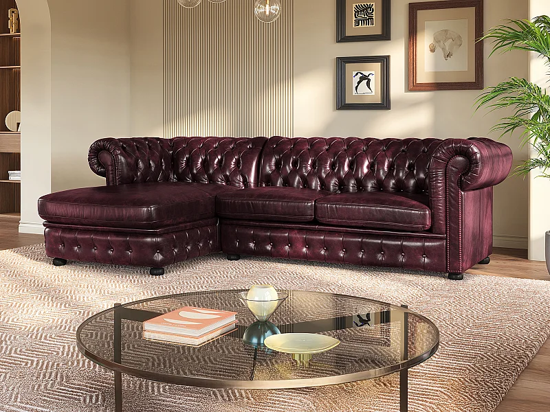 Sofá rinconera chesterfield BRENTON 100% piel de búfalo - Cherry - Ángulo izquierdo