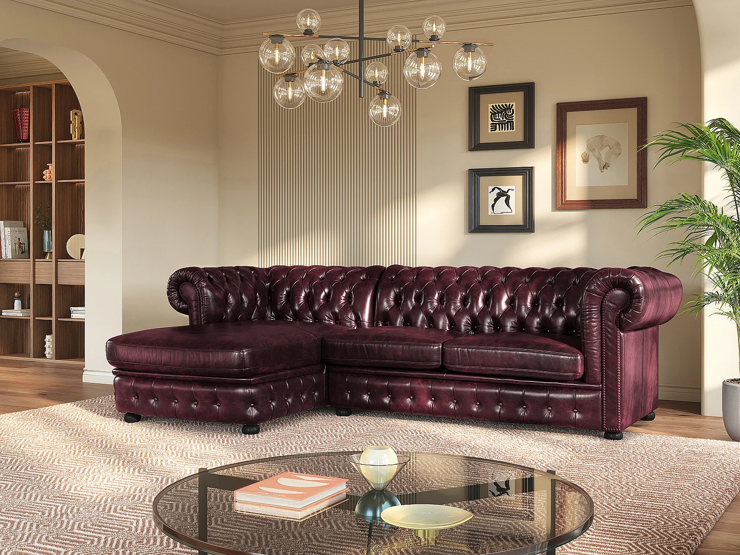 Hoekbank van 100% buffelleer Chesterfield BRENTON - Kersenrood - Hoek links