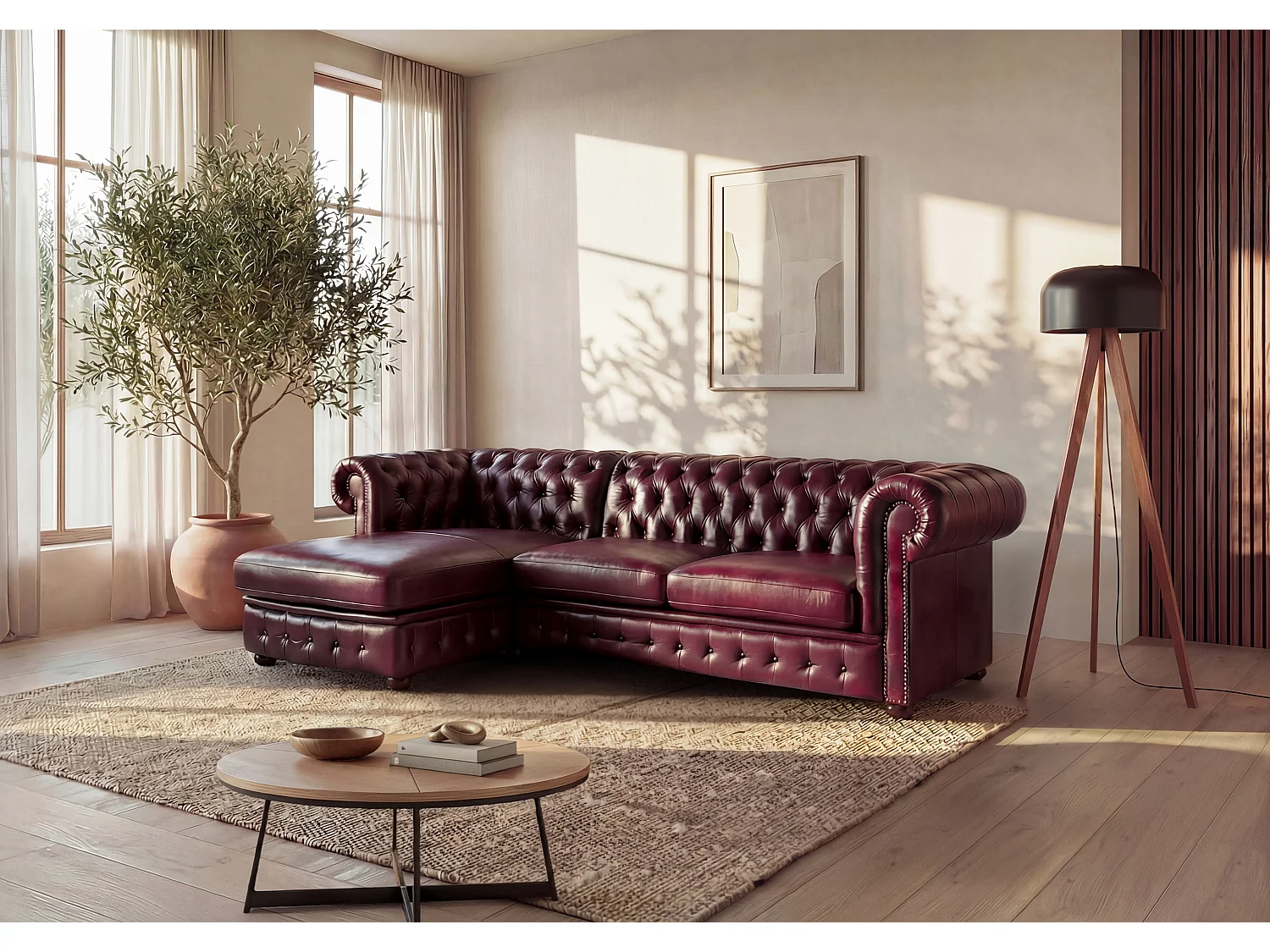Sofá de canto esquerdo chesterfield 100% pele de búfalo disponível em cor Cereja - BRENTON