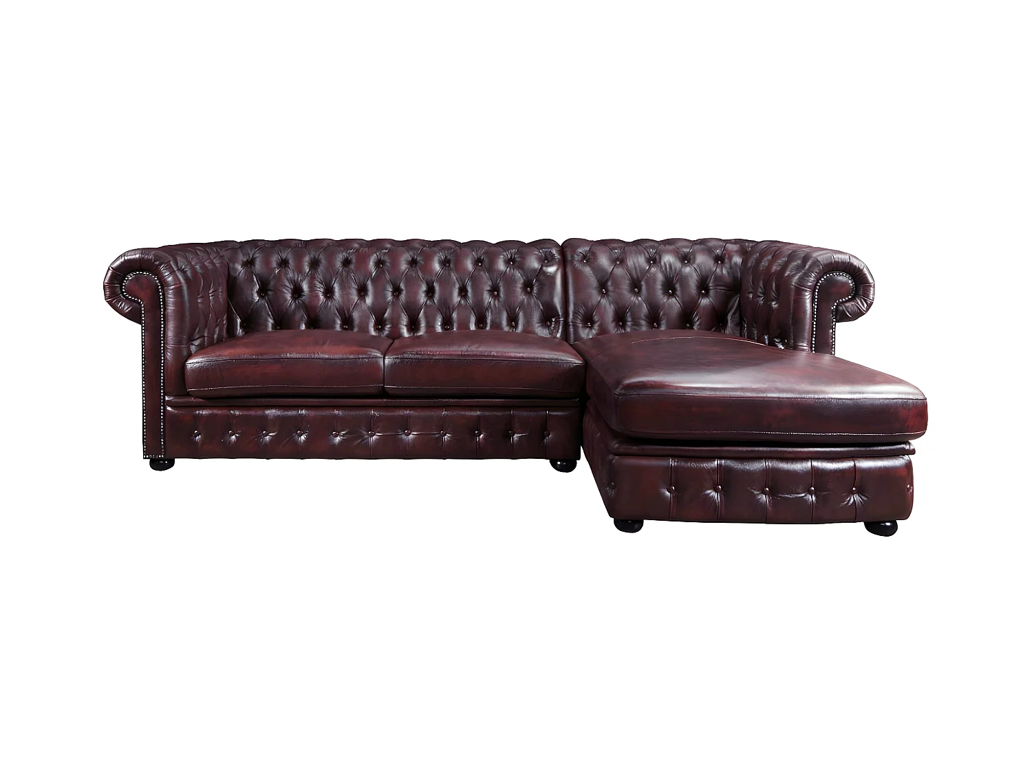 Canapé d'angle chesterfield BRENTON 100% cuir de buffle - Bordeaux- Angle droit