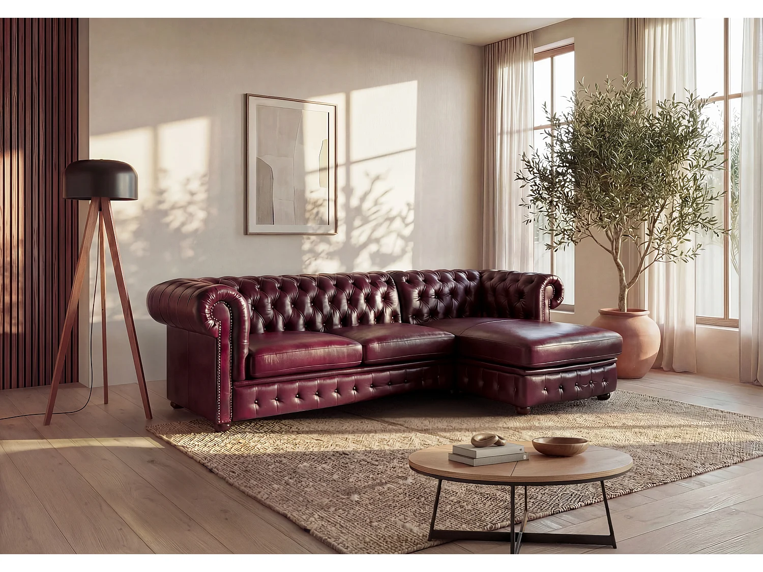 Canapé d'angle chesterfield BRENTON 100% cuir de buffle - Bordeaux- Angle droit