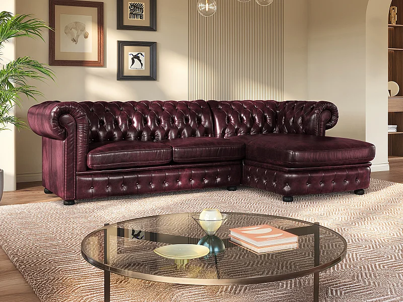 Canapé d'angle chesterfield BRENTON 100% cuir de buffle - Bordeaux- Angle droit
