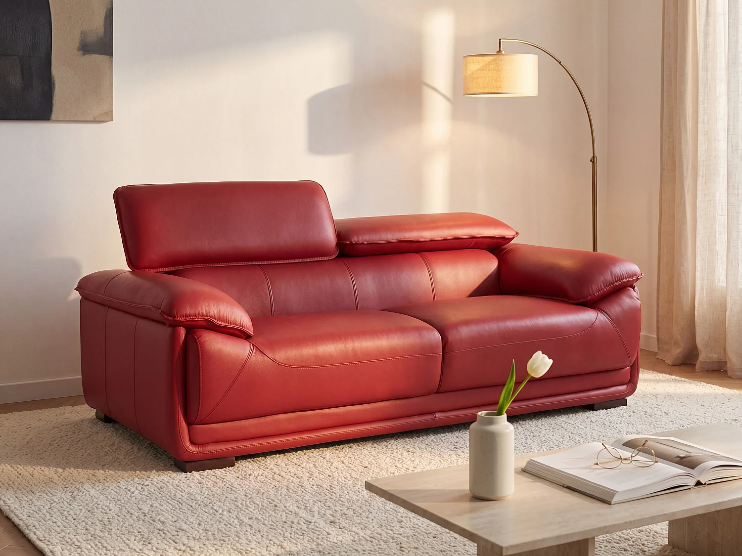 Driezitsbank van leer MACELO - Rood