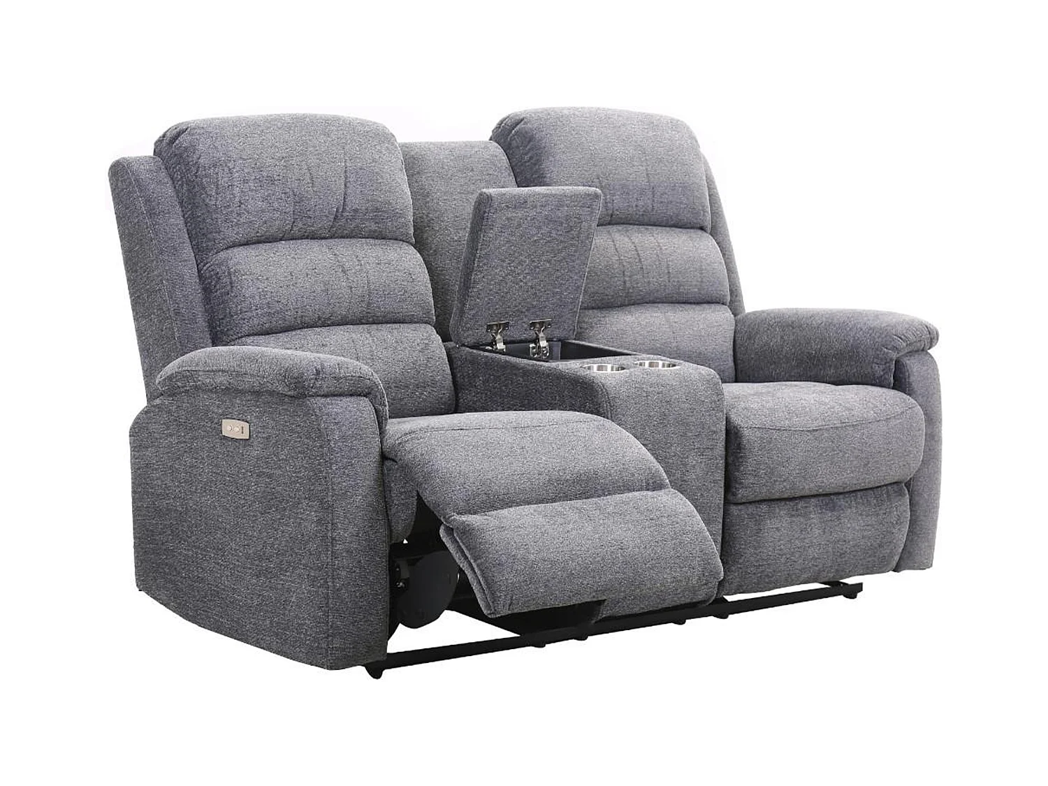 Canapé 2 places relax électrique avec tablette en tissu gris NEVERS