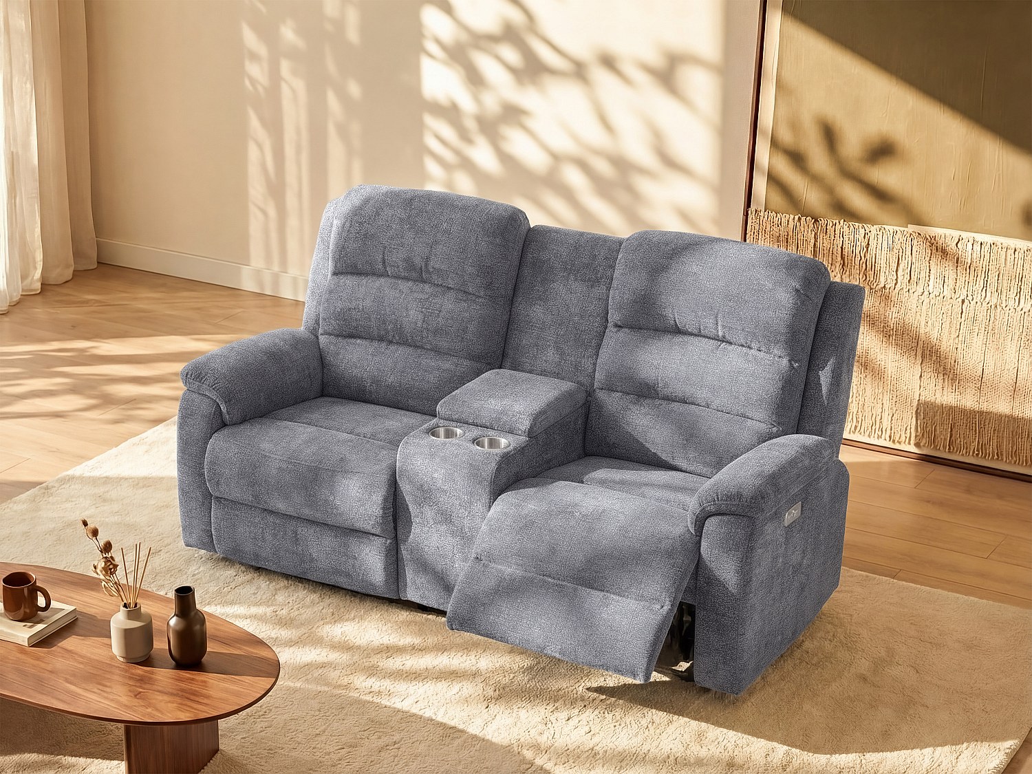 Canapé 2 places relax électrique avec tablette en tissu gris NEVERS