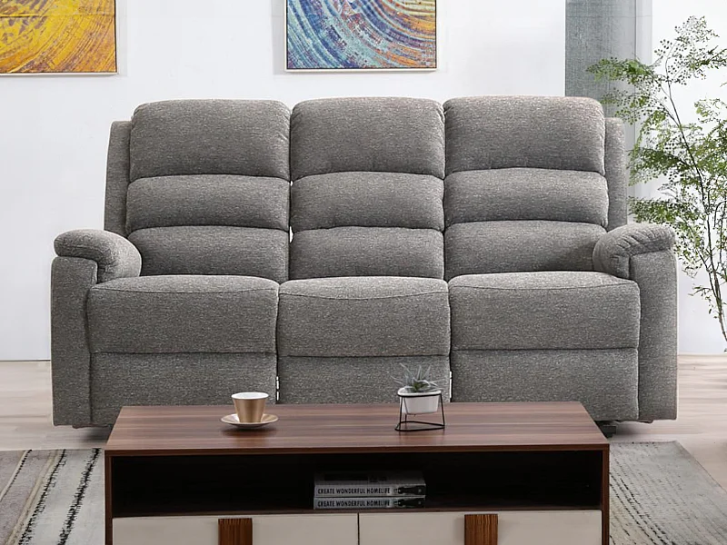 Canapé 3 places relax électrique avec tablette en tissu gris NEVERS