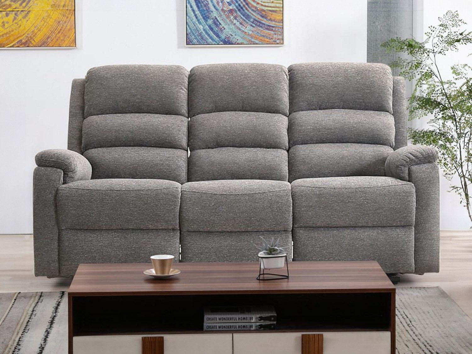 3-seter elektrisk sofa med bord i grått stoff NEVERS