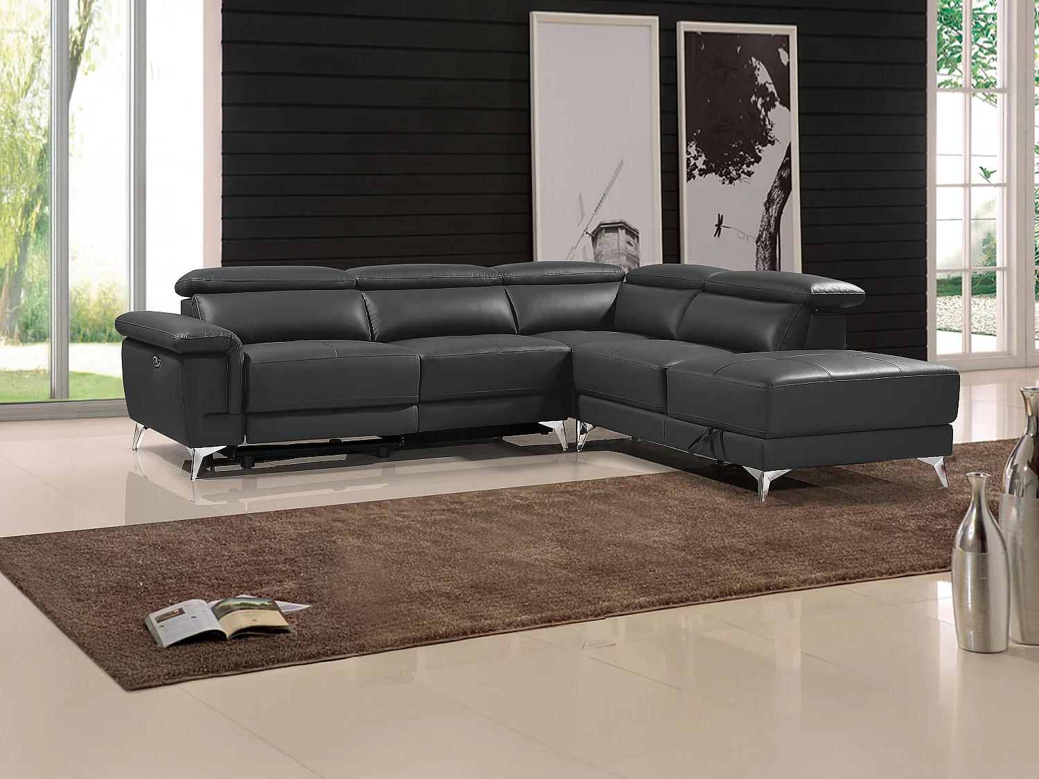 Canapé d'angle droit relax électrique en cuir gris anthracite PASCALINE