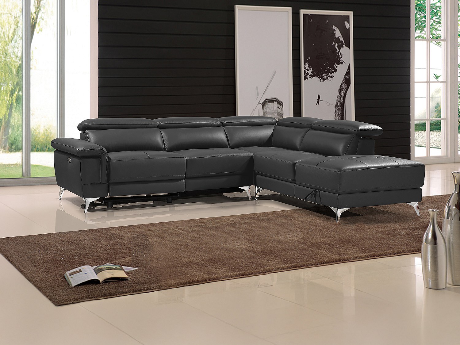 Vente-unique Relaxsofa Ecksofa Leder Elektrisch - Ecke Rechts - Anthrazit - Pascaline