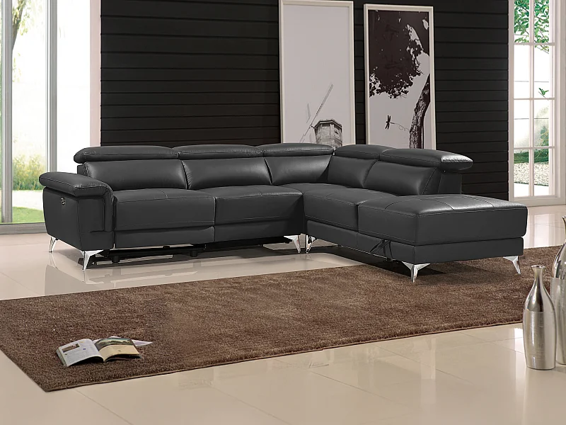 Canapé d'angle droit relax électrique en cuir gris anthracite PASCALINE