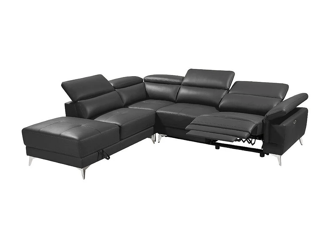 Canapé d'angle gauche relax électrique en cuir gris anthracite PASCALINE