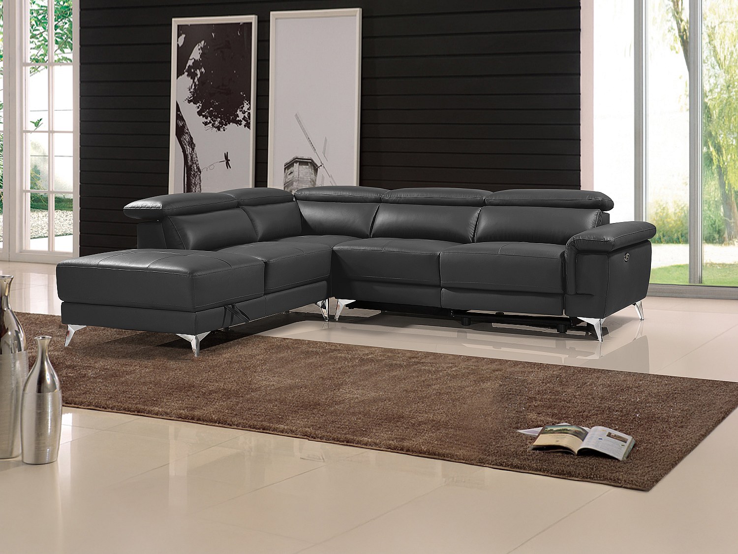 Vente-unique Relaxsofa Ecksofa Leder elektrisch - Ecke Links - Anthrazit - PASCALINE 644411