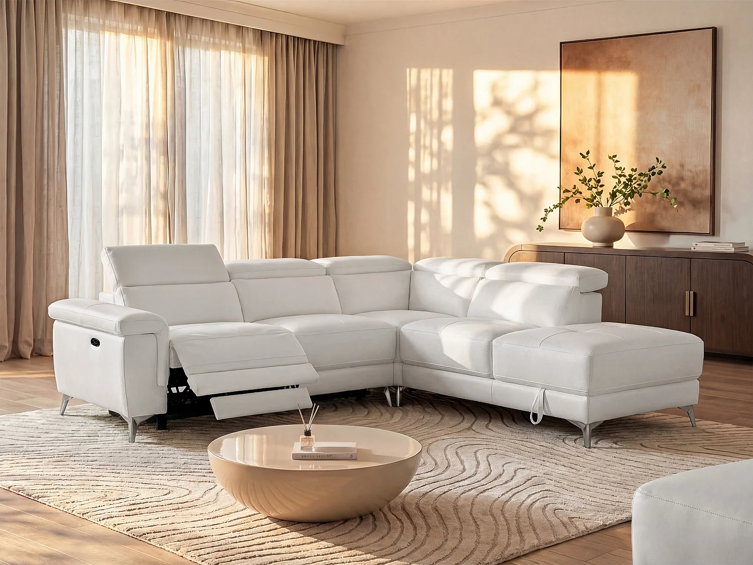 Relaxsofa Ecksofa Leder elektrisch - Ecke Rechts - Elfenbein - PASCALINE