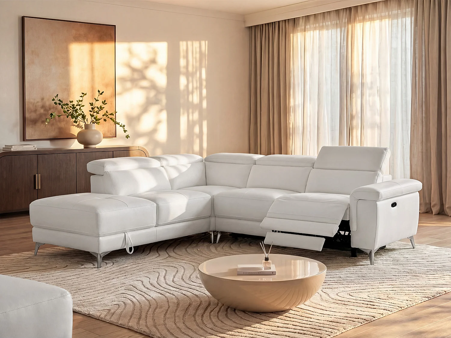 Canapé d'angle relax électrique en cuir PASCALINE - Ivoire - Angle gauche