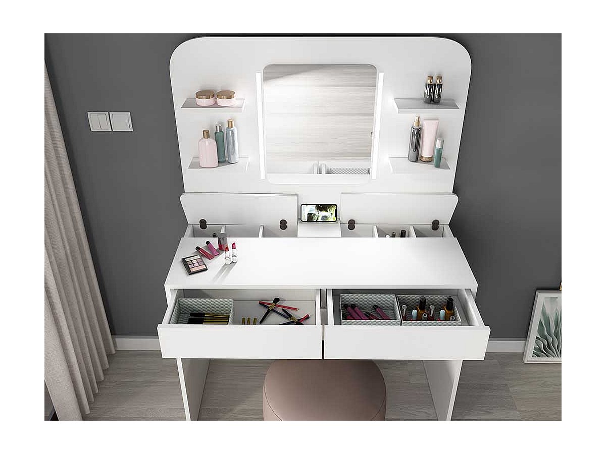 Tocador espejo LEDs y compartimentos AMALIA – Blanco
