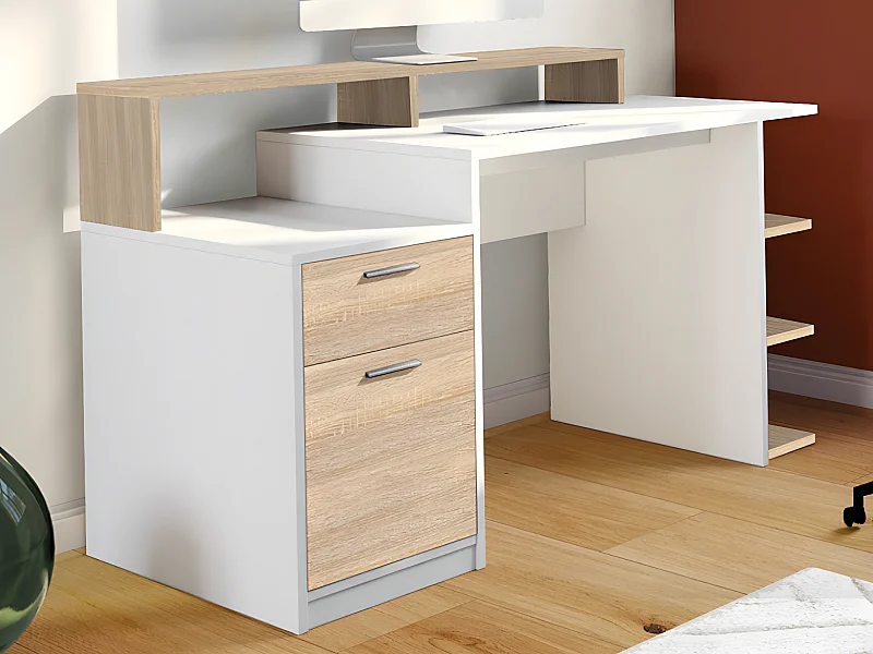 Bureau avec rangements ZACHARIE - Blanc et chêne