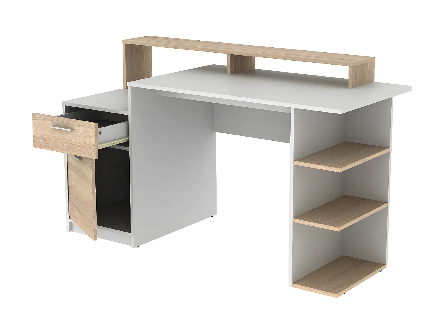 Bureau avec rangements ZACHARIE - Blanc et chêne