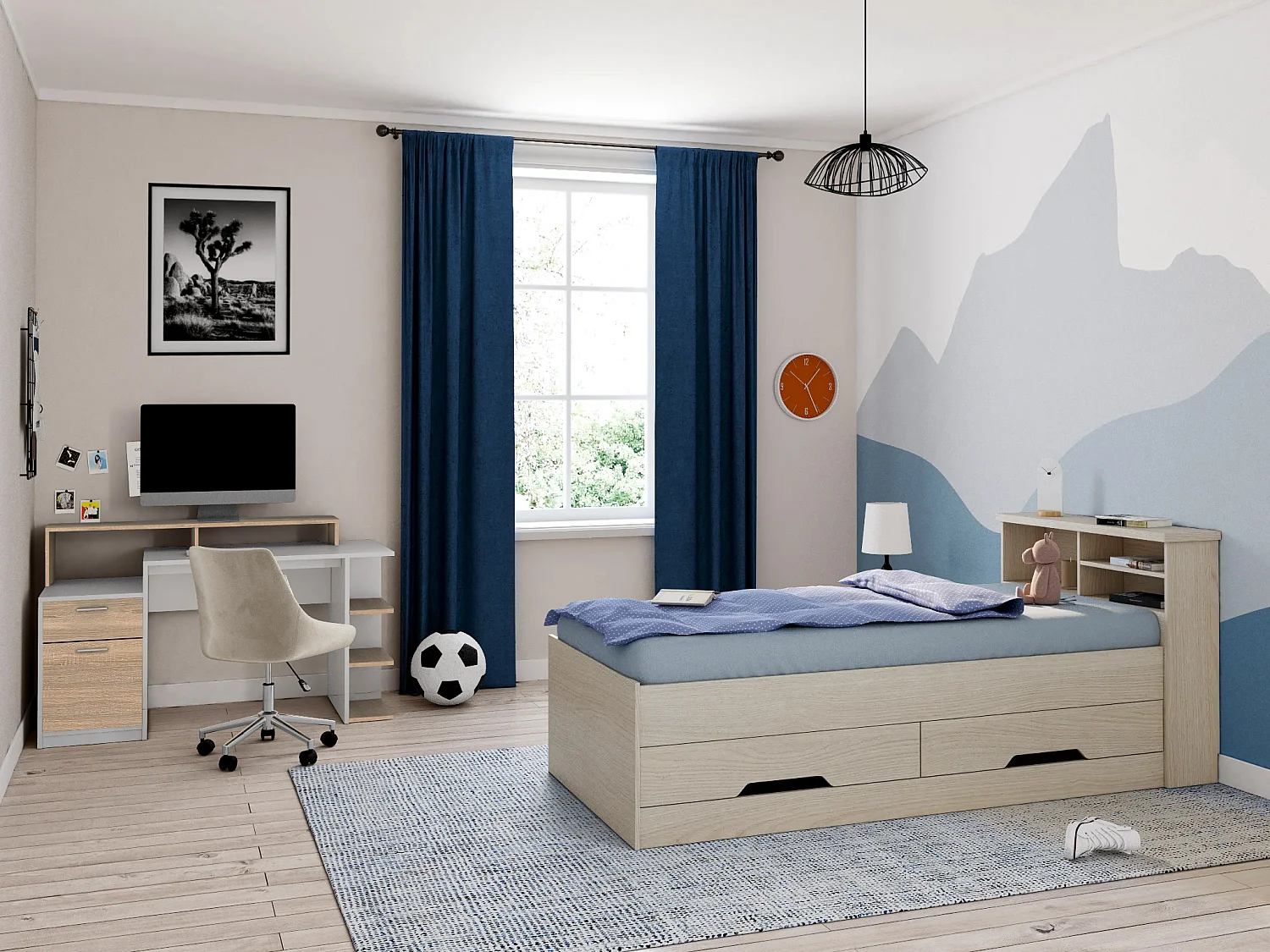 Bureau avec rangements ZACHARIE - Blanc et chêne