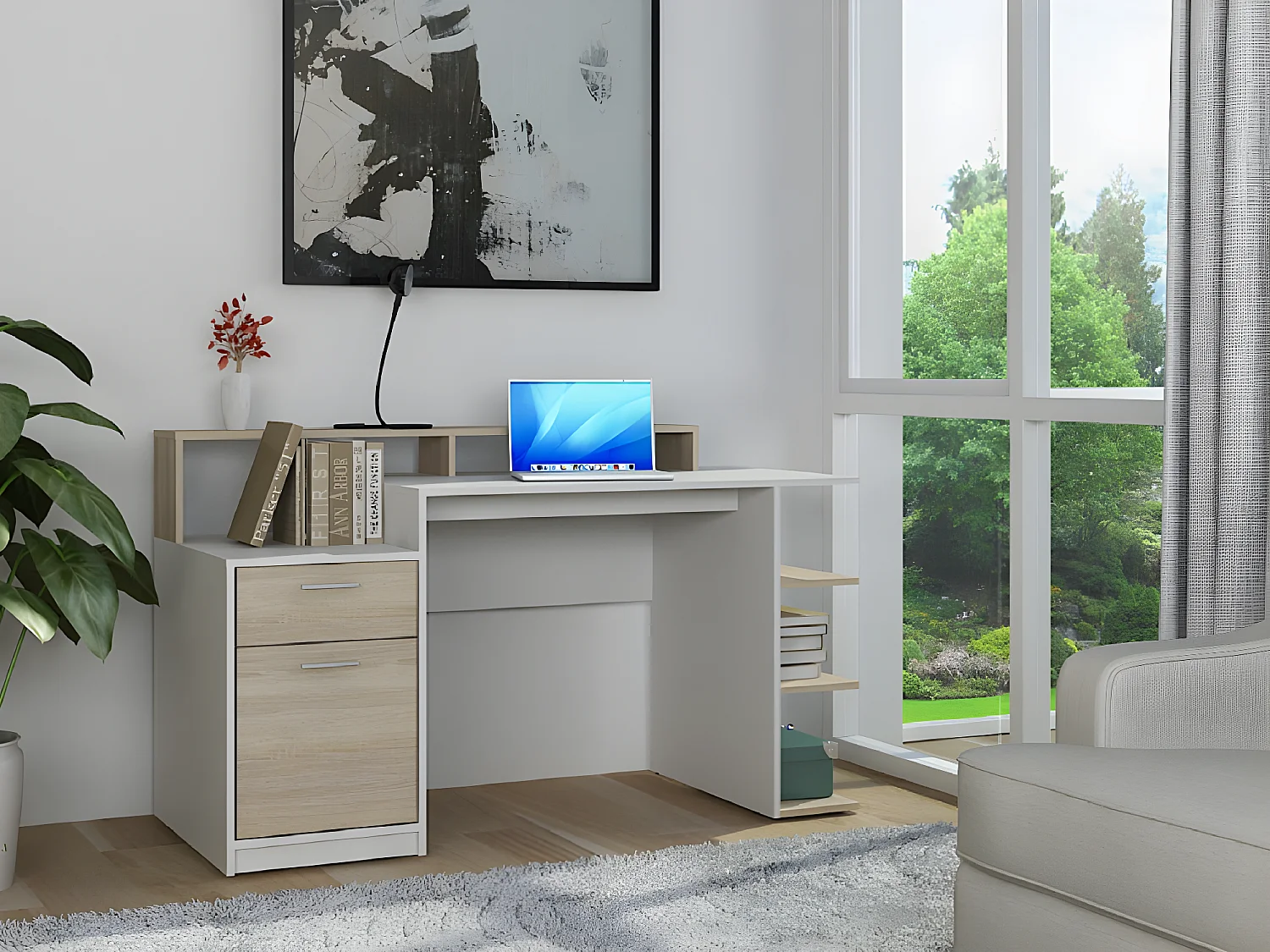 Bureau avec rangements ZACHARIE - Blanc et chêne