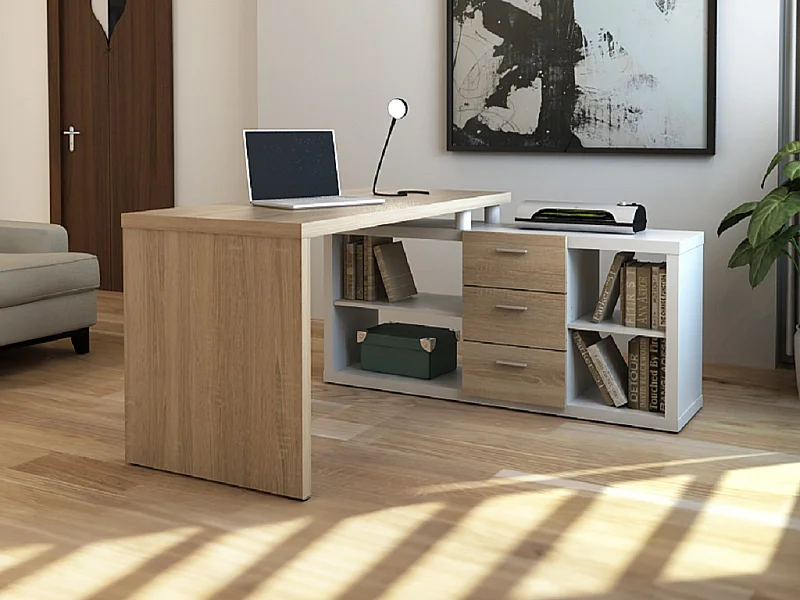 Escritorio rinconera con compartimentos ALDRIC III - Blanco y roble