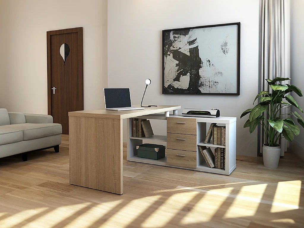 Bureau d'angle avec rangements ALDRIC III - Blanc & Chêne