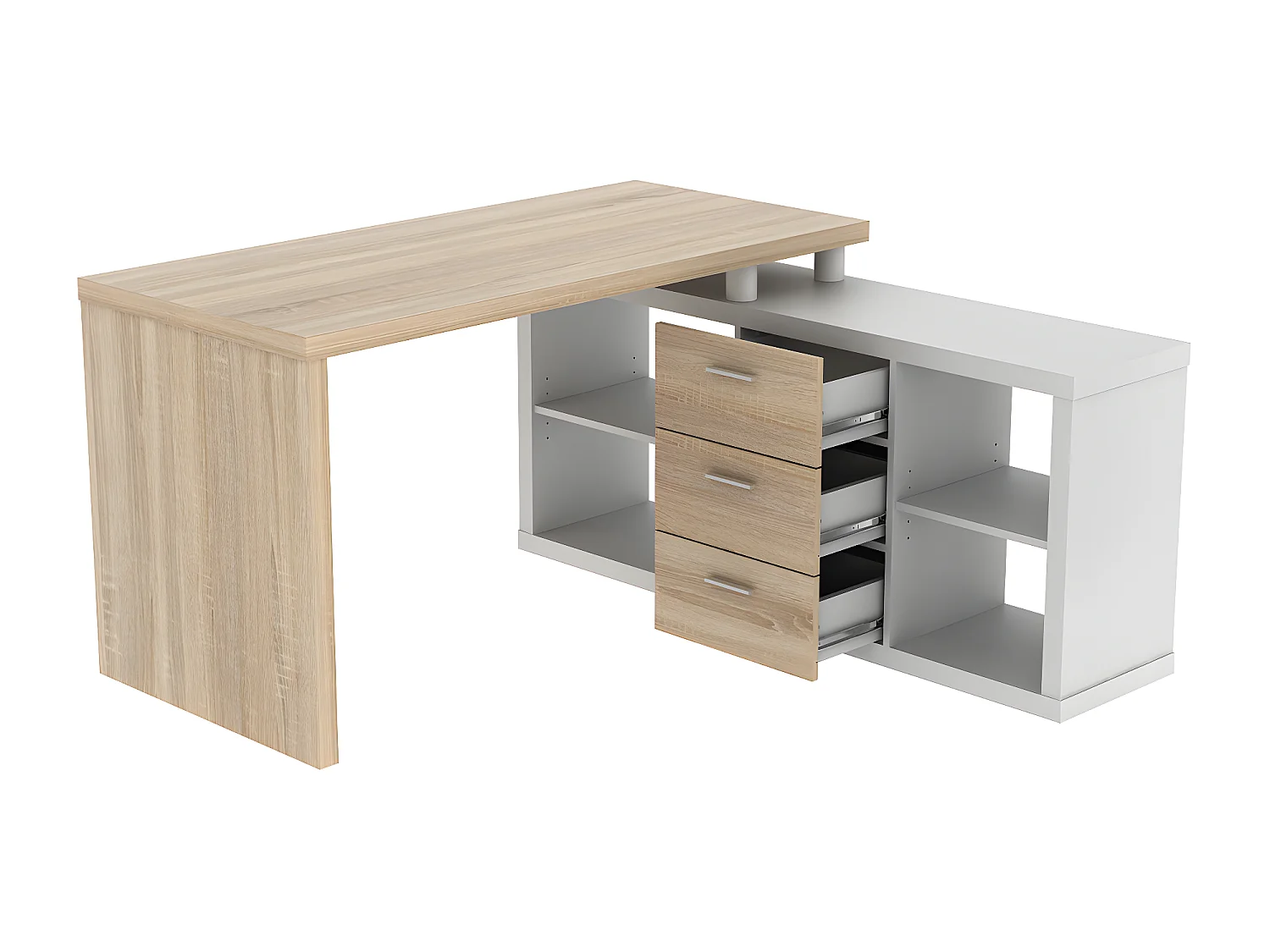 Eckschreibtisch mit Stauraum - Weiß & Eichefarben - ALDRIC III